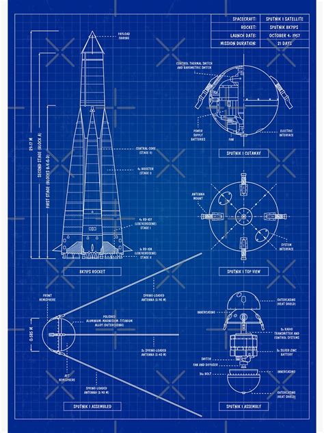 "Sputnik 1 (Blueprint) Vertical" Sticker by BGALAXY | Redbubble