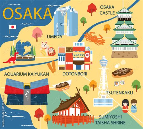 Osaka map with colorful landmarks Japan illustration design Stock ...