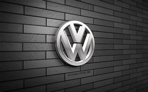 Volkswagen 3D logo, , VW logo, gray brickwall, creative, cars brands ...