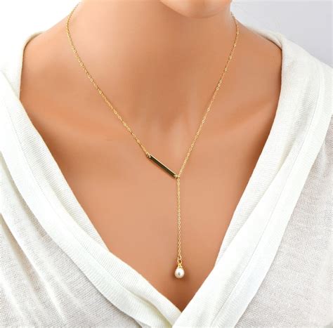 Single Pearl Necklace Gold Y Necklace Gold Bar Lariat - Etsy