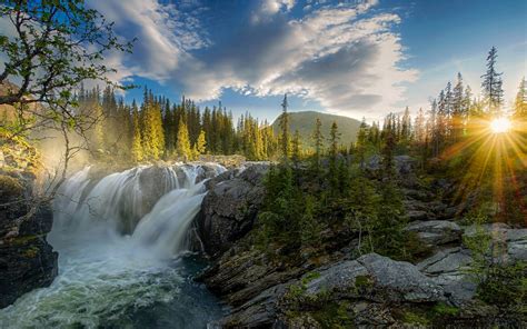 Photo Wallpaper Hd Waterfall River Valley Sunset