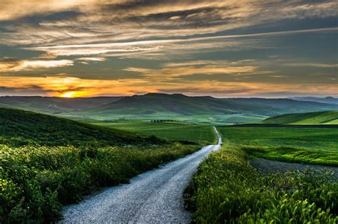 road, Sunset, Field, Italy, Clouds, Grass, Mountain, Wildflowers, Green ...