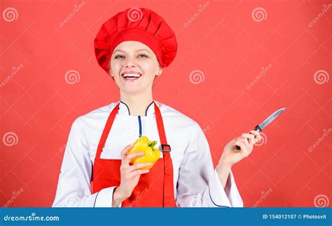 Be Careful while Cut. Chef Cut Vegetables. Woman Chef Hold Sharp Knife ...