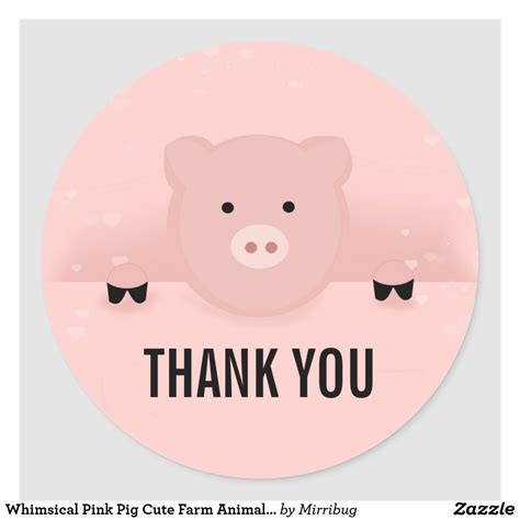 Whimsical Pink Pig Cute Farm Animal Thank You Classic Round Sticker ...