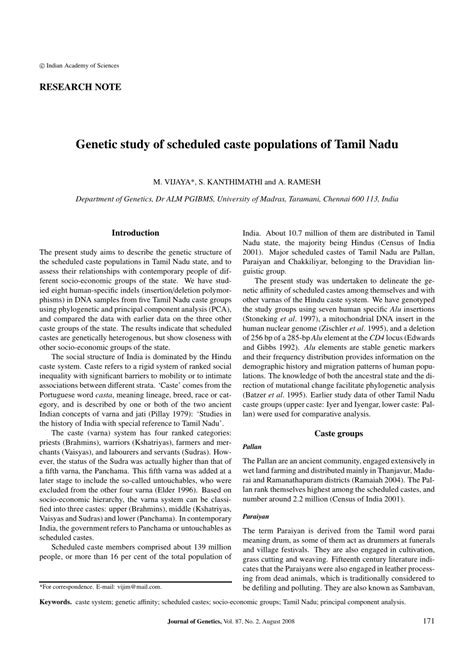 (PDF) Genetic study of scheduled caste populations of Tamil Nadu