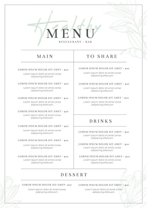 Free Minimalist healthy food restaurant menu template