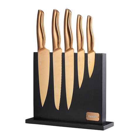 Hecef Kitchen Knife Block Set of 6, Stylish Rose Gold Titanium Plated ...