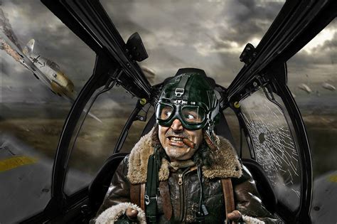 Creative portrait composite representing WWII pilot in cockpit ...