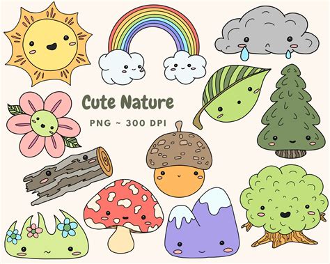 Cute Nature Clip Art Digital Download, Woodland, Weather, Kawaii Clip ...