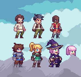 some pixel characters standing on top of a mountain