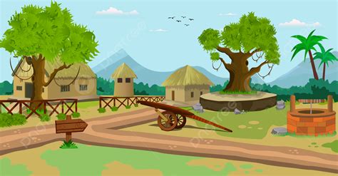 Cartoon Background Village Scene Vector Illustration With Old Houses ...