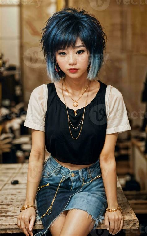 photo of teenage playful asian woman with accessories and mullet ...