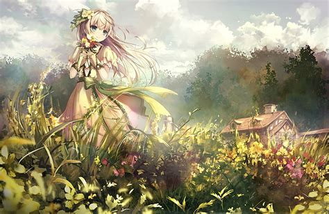 1280x1024px | free download | HD wallpaper: anime girl, field, flowers ...