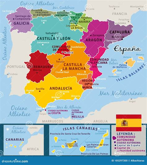 Colorful Map of Spain. Federal Countries and Important Cities. Stock ...