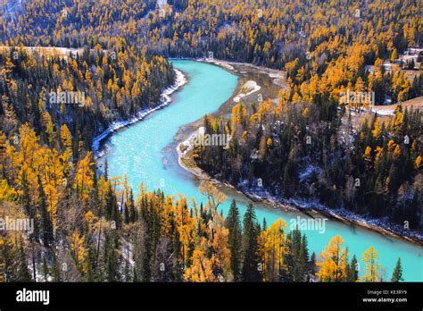 Xinjiang, China. 18th Oct, 2017. Autumn scenery of Kanas Lake ...