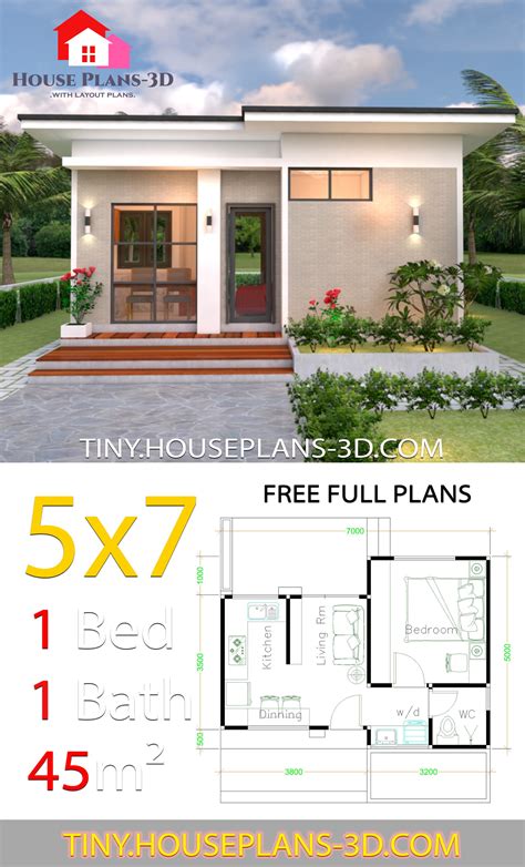 Small House Design Plans 5x7 with One Bedroom Shed Roof - Tiny House Plans