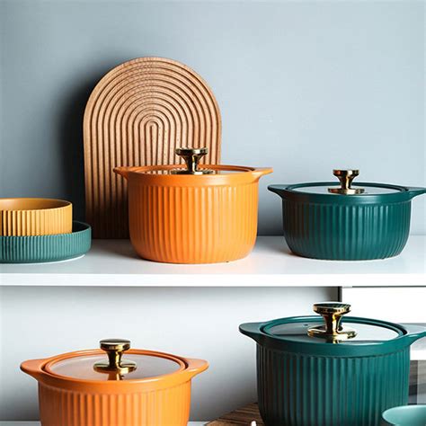 Ceramic Cooking Pot with Lid - Green - Orange - Kitchen Collection ...