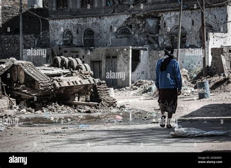 Taiz / Yemen - 13 Apr 2017 : Yemeni in front of destroyed homes by war ...