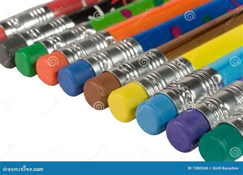 Row Of Color Pencils With Erasers Stock Photo - Image: 7380240