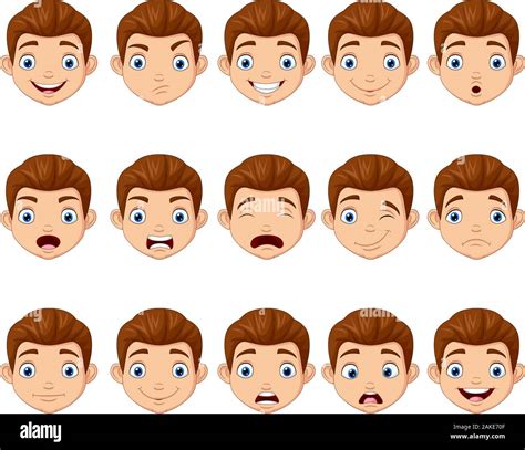 Set of cartoon children head with different face expressions Stock ...