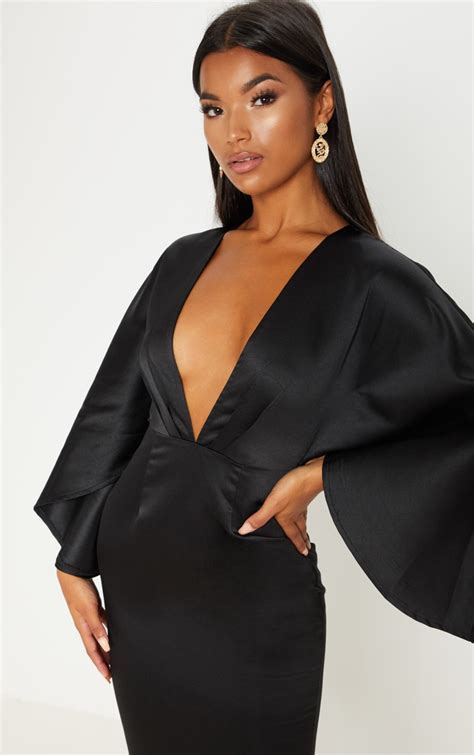 Black Satin Structured Cape Midi Dress | PrettyLittleThing USA