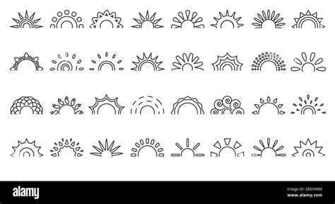 Black line half sun icon set. Logo blank frame for tattoo. Simple ...