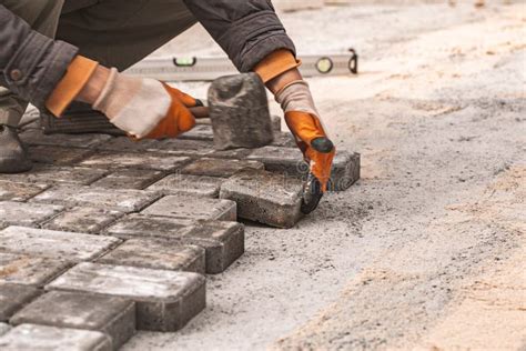 Laying Paving Slabs Close-up. Road Surface, Construction. Sidewalk ...