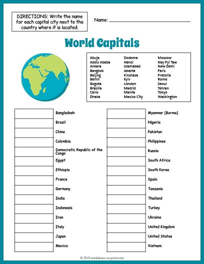 World Capitals Worksheet