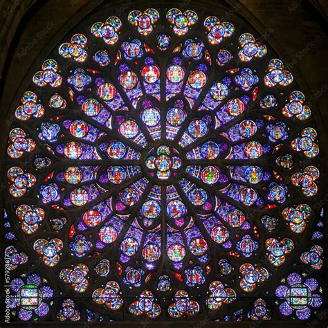 Rose stained glass window in cathedral of Notre Dame, Paris, France ...