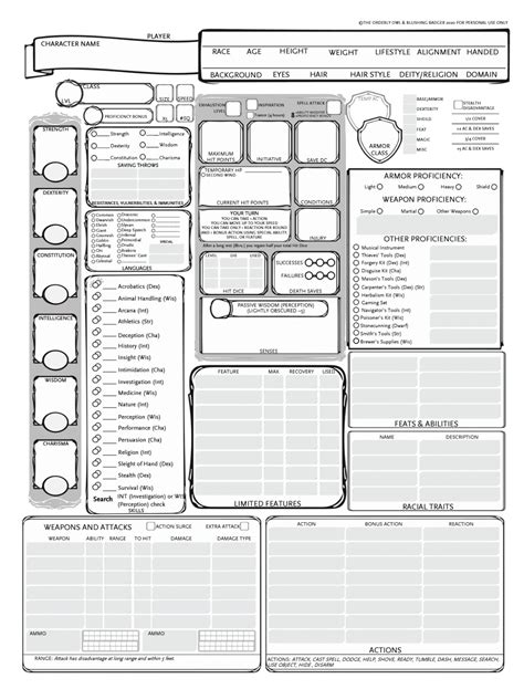 D&D Full Character Sheet Printable Fillable PDF Dungeons and Dragons 5e ...