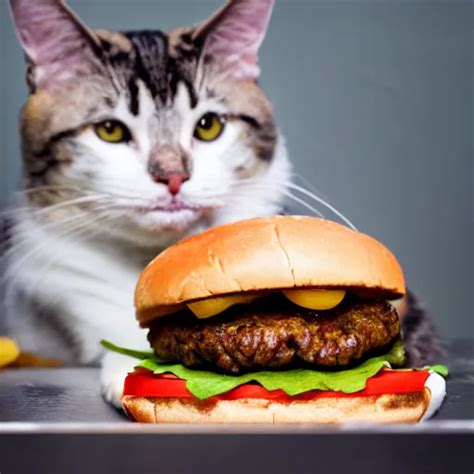 KREA - fat cat eating a hamburger, dslr photo, high detail, high resolution