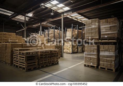 Warehouse, with close-up of crates and boxes, representing a variety of ...