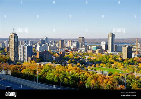 Hamilton Ontario downtown skyline from Niagara Escarpment on a sunny ...