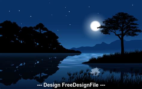 Night full moon landscape cartoon illustration vector free download