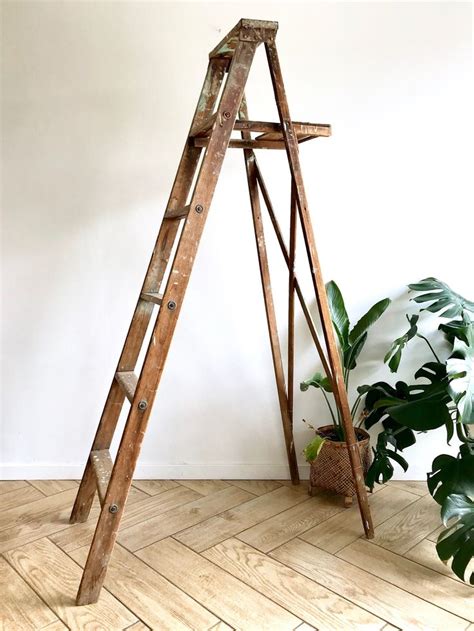 Antique Painter's Ladder - 5 Rung Wooden Rustic Stepping Ladder - Solid ...