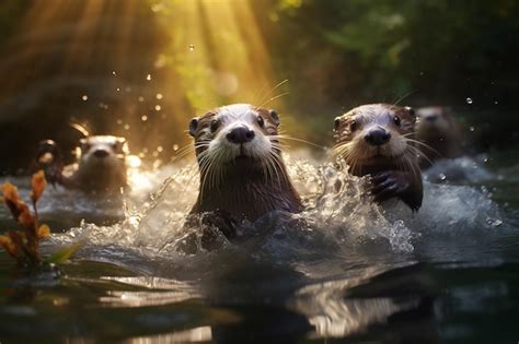 Premium AI Image | Group playful otters swimming in the river