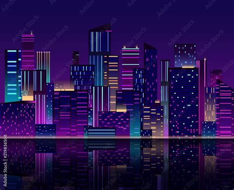 Night city skyline. Skyscraper with neon lights. Urban cityscape with ...