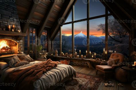 A cozy winter cabin bedroom with a fireplace, warm blankets, and snowy ...