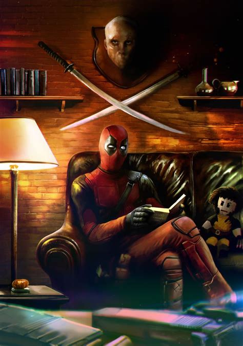 a painting of deadpool sitting on a couch