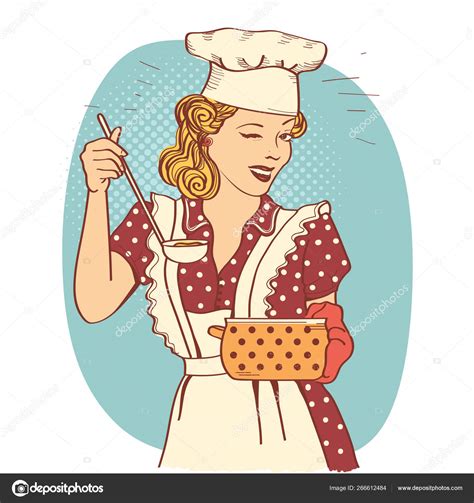 Young woman with retro clothes cooking soup on kitchen room.Retr Stock ...