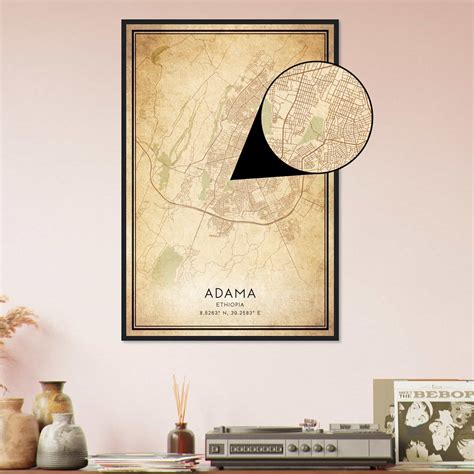 Vintage Adama Ethiopia Map Poster, Adama City Road Wall Art Print ...