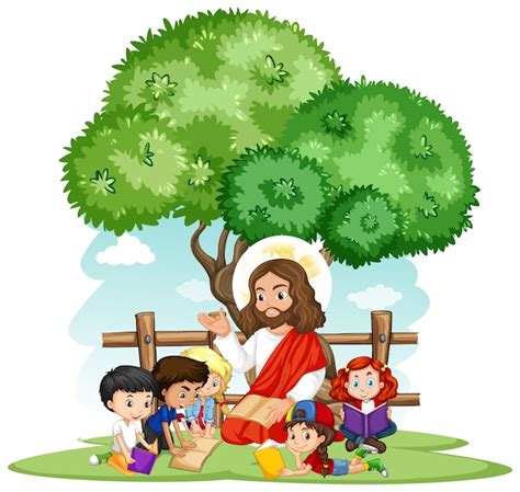 Premium Vector | Jesus with a children group cartoon character