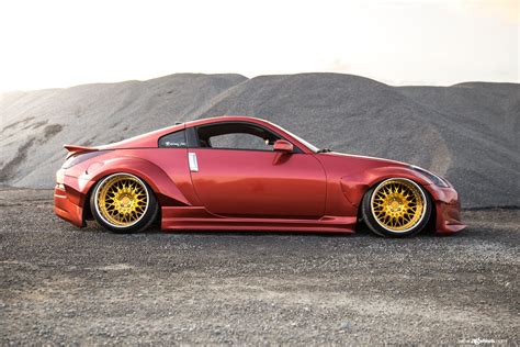 Widebody Red Nissan 350Z Stanceda and Put on Gold Avant Garde Wheels ...