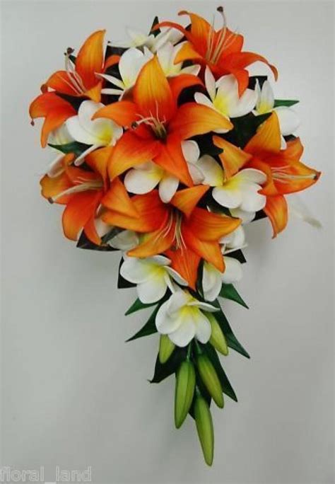 Latex White Frangipani Tiger Lily Orange Bride Wedding Bouquet Teardrop ...