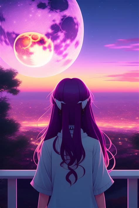 Lexica - Full moon, pink moon, anime, anime girl, long hair, view in ...