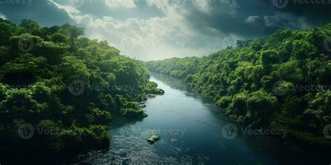 Generative AI, green beautiful amazonian jungle landscape with trees ...