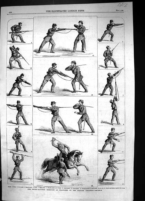 Old Original Antique Victorian Print 1860 Sword Bayonet Exercise ...