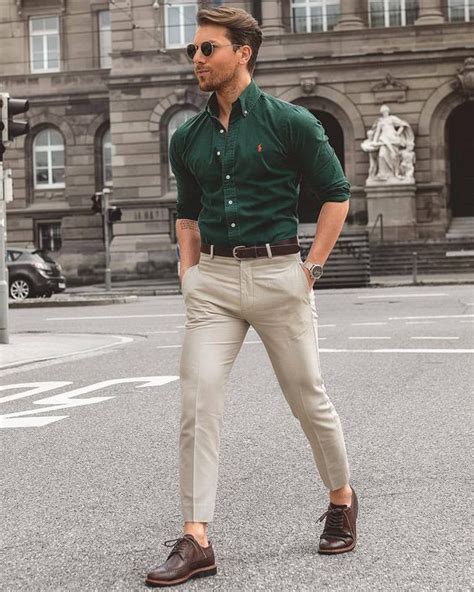 Beige Jeans, Chinos Outfits With Green Shirt, Green Outfits Men ...