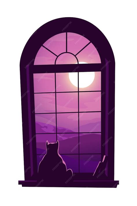 Premium Vector | Window with sitting cat silhouette at sunset