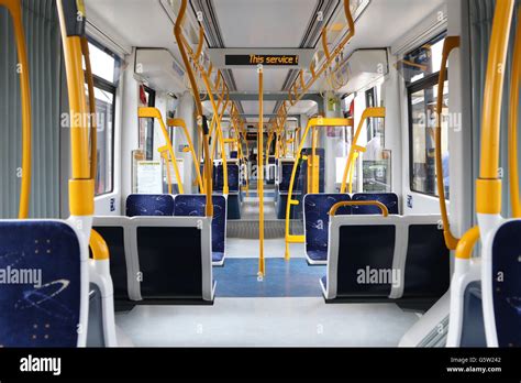 The interior of a modern tram running along the promenade in Blackpool ...